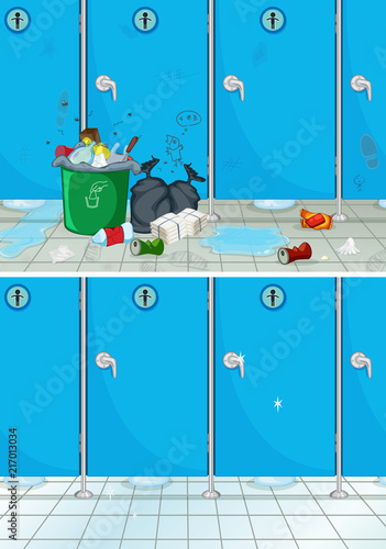 Dirty and clean bathroom scene