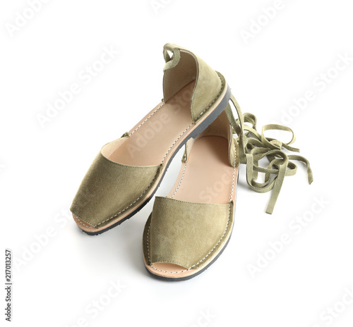 Pair of trendy women's shoes on white background