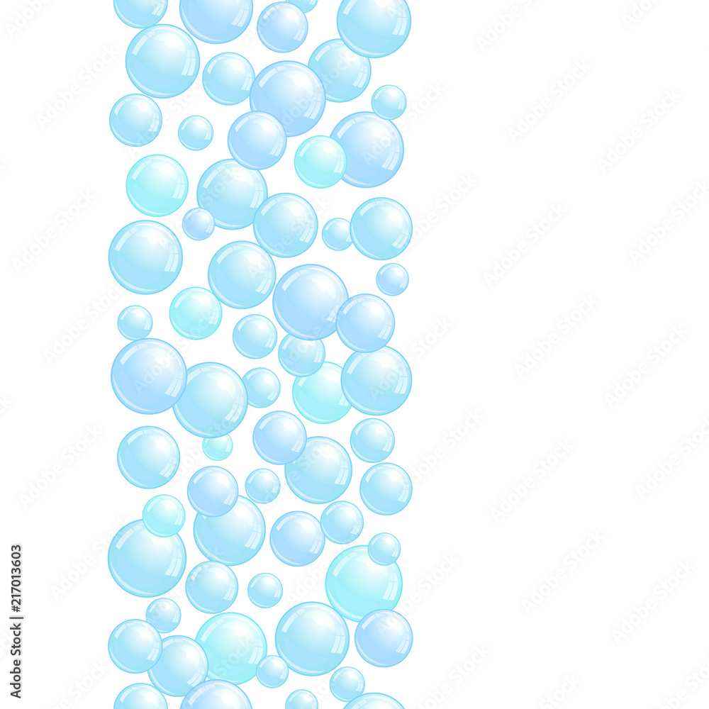 Vertical decorative line with soap bubbles, background with realistic water beads, pink blobs, vector foam illustration Vertical decorative line with soap bubbles, background with realistic water beads, pink blobs, vector foam illustration