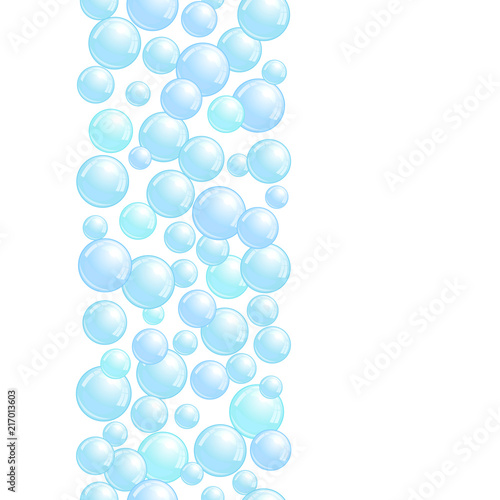 Vertical decorative line with soap bubbles, background with realistic water beads, pink blobs, vector foam illustration