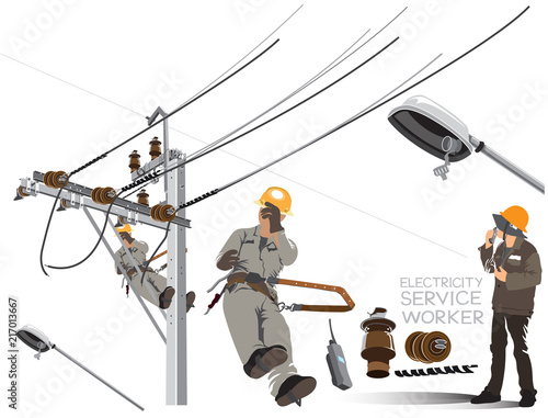 Worker repairing on electricity pole cartoon acting infographic