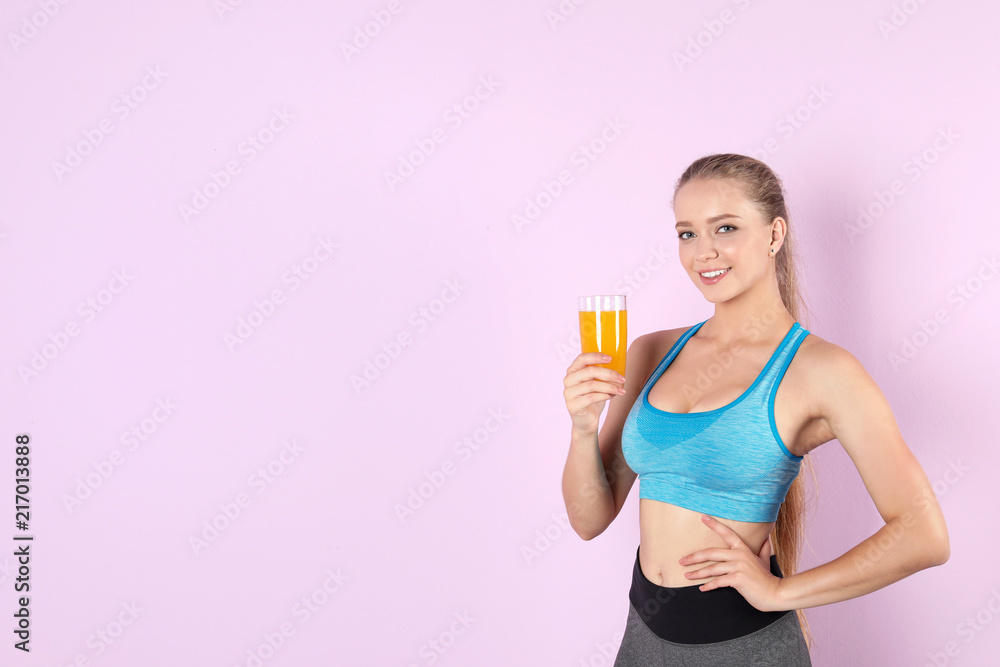 Young woman with glass of juice on color background. Healthy diet Young woman with glass of juice on color background. Healthy diet
