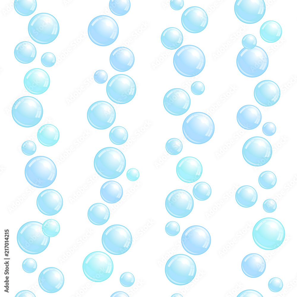 Vertical seamless soap bubble stripes, lines with realistic water beads, blue blobs, vector foam