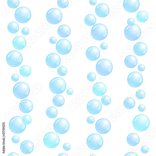 Vertical seamless soap bubble stripes, lines with realistic water beads, blue blobs, vector foam