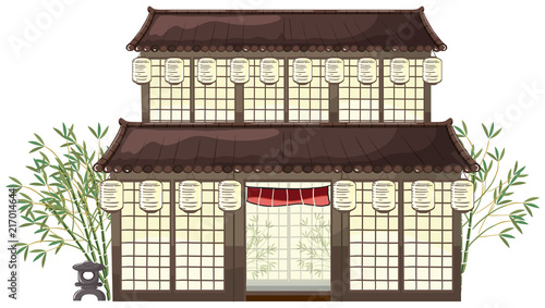 oriental building with lanterns and bamboo