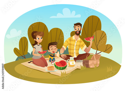 Happy family on a picnic. Dad, mom, son are resting in nature. Vector illustration in a flat style