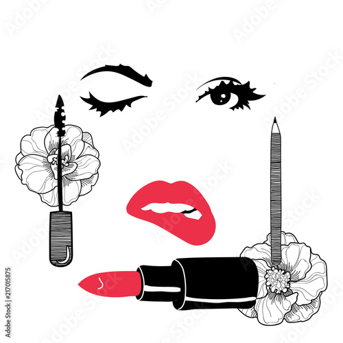 vector stylized image silhouette of a woman's face with lush eyelashes and plump lips, and cosmetics: lipstick and mascara, pencil