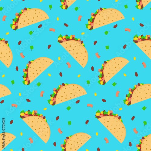 Cute cartoon seamless pattern with mexican tacos on bright blue background. Nice fastfood texture for textile, cafe and restaurant wrapping paper, covers, banners, wallpaper