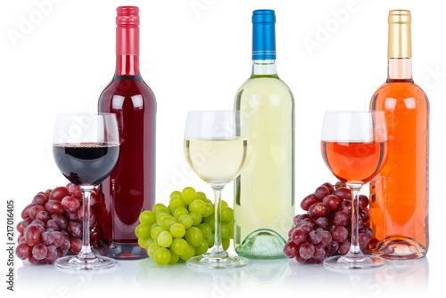 Wine wines group of bottle glass alcohol beverage grapes isolated on white
