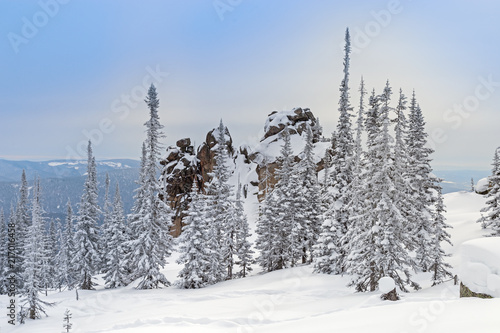 View on top of Mount Utuya. Winter landscape in Altay Mountains. Siberia, Kemerovo region, Sheregesh ski resort, sector E.