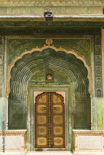 The Leheriya gate( the waves gate) in the City Palace,  Jaipur Rajasthan,India. The gate is on the northwest side, there is represent the spring season decorated with green colour.