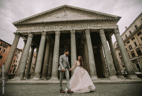 Young wedding couple by Pantheon in Rome, Italy