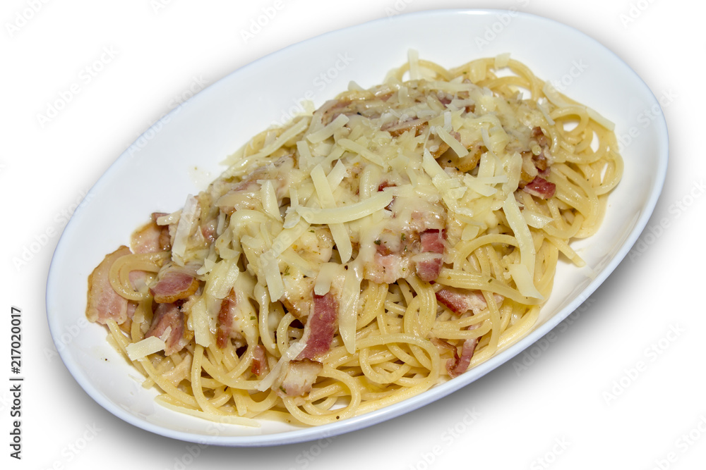 Cheesy spaghetti with bacon on white isolated background