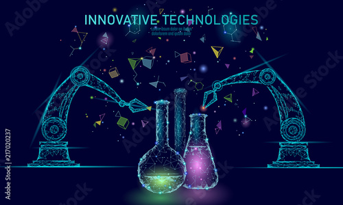 Low poly chemical synthesis science concept. Polygon lab chemistry material production reactor. Modern innovation compound technology product laboratory robotic ai vector illustration
