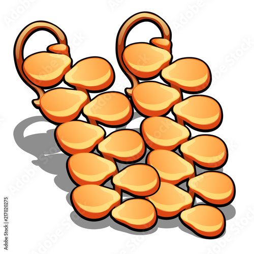 Two golden earrings in the form of the fragment of zipper lock isolated on a white background. Stylish and modern fashion accessories made of precious metals. Vector illustration.
