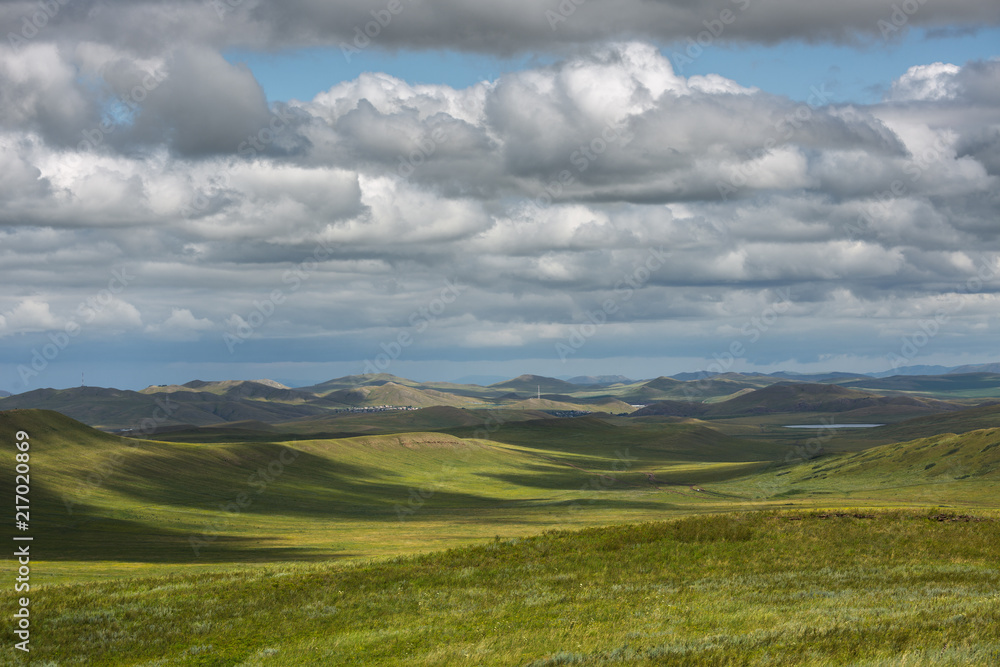 Sunny summer evening on meadow near lake. Scenic rural landscape. Summer sunny background.