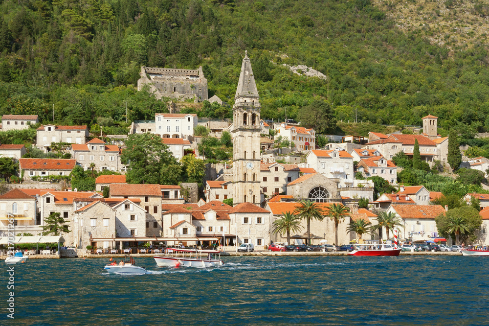 Summer view of ancient town of Perast with bell tower of St Nicholas church. Bay of Kotor, Montenegro