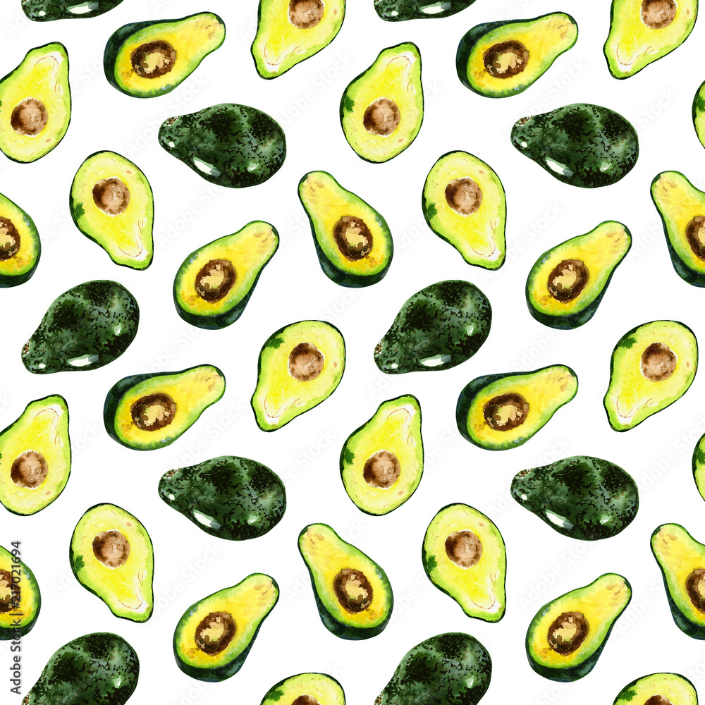 Seamless hand drawn watercolor pattern with avocado on the white background. Useful for invitations, scrapbooking. Seamless hand drawn watercolor pattern with avocado on the white background. Useful for invitations, scrapbooking.