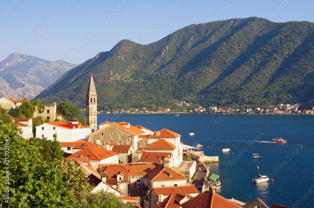 Summer Mediterranean landscape. Montenegro, view of ancient town of Perast  with bell tower of St. Nicholas Church