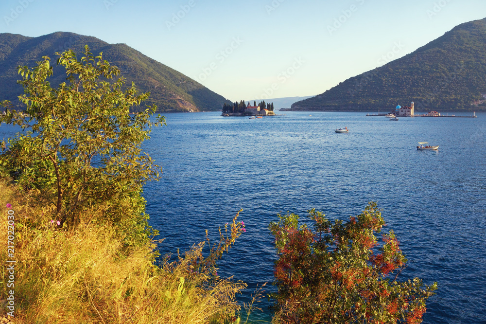 Montenegro. Beautiful view of Bay of Kotor ( Adriatic Sea ) and two small islands :  Our Lady of the Rocks and St. George