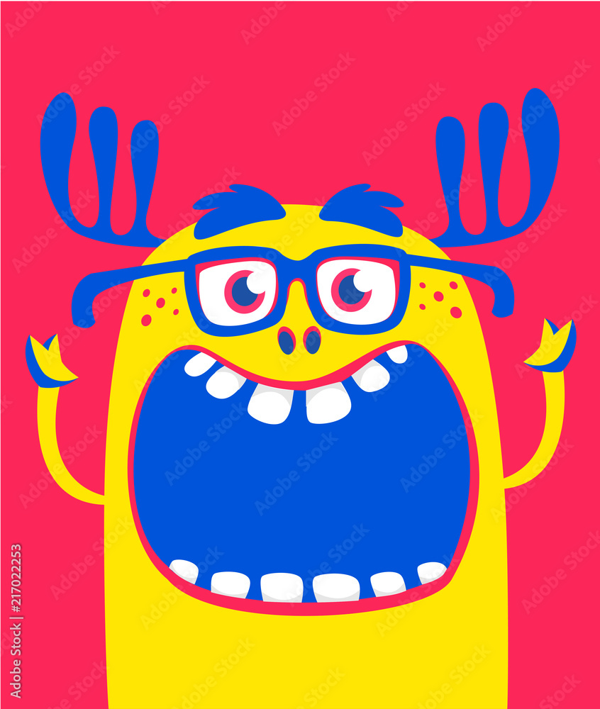 Cartoon funny monster. Vector Halloween yellow cool monster. Big set of monster faces. Package design