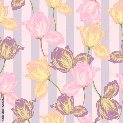 Seamless pattern of hand drawn tulips on stripes