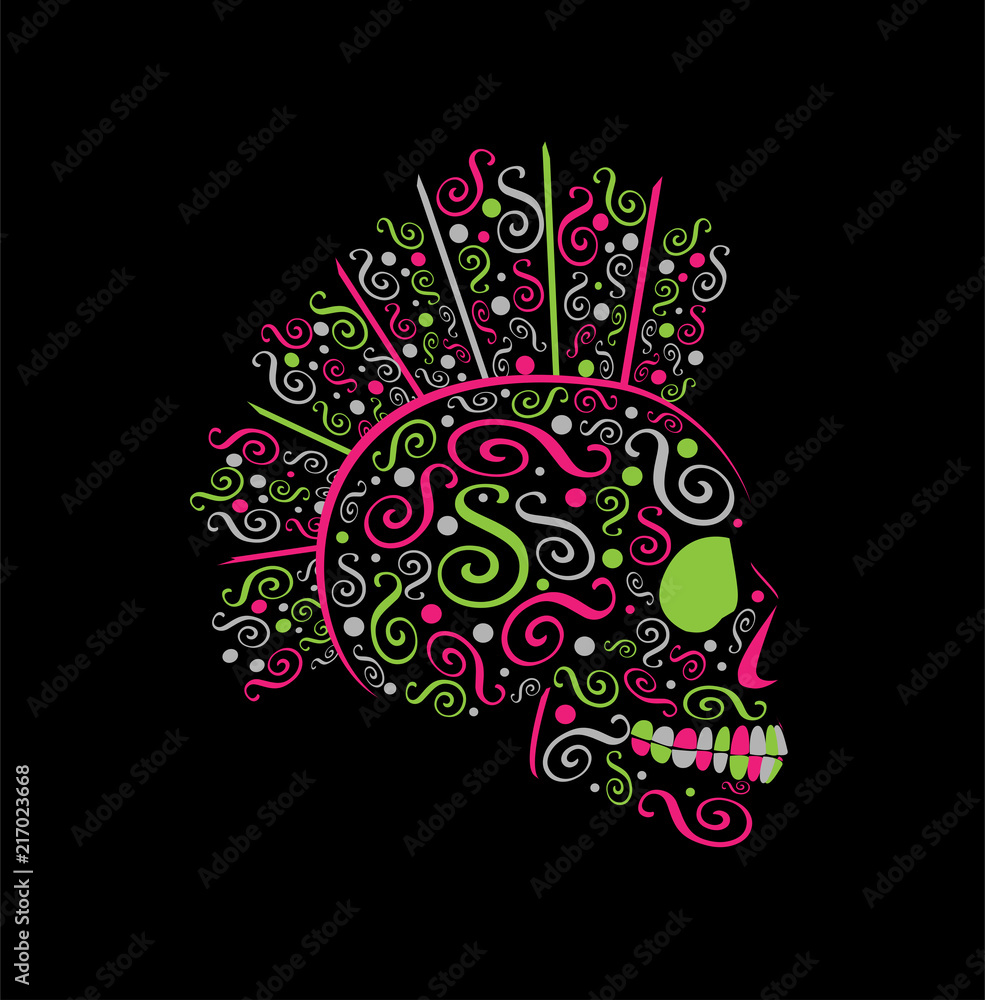 Fototapeta premium Abstract ornament skull icon with Mohawk, colorful background