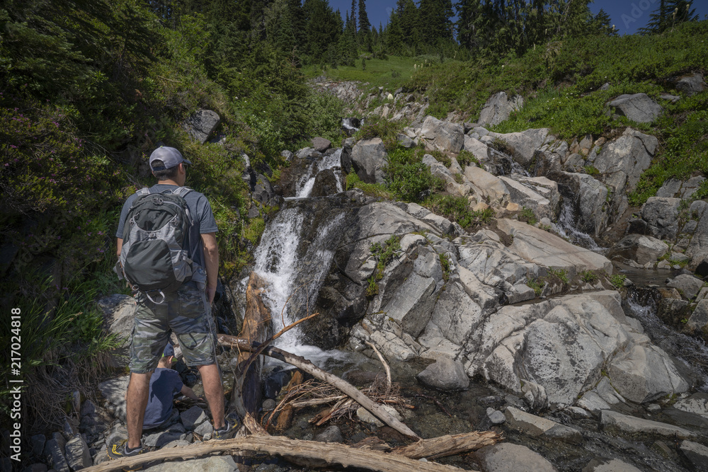 A young hispanic man and his son are looking at a waterfall on Mt.Rainier, Washington.
