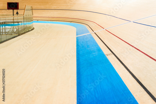 Velodrome cycling track empty curved high wooden floor with markings Trinidad and Tobago, sporting venue.