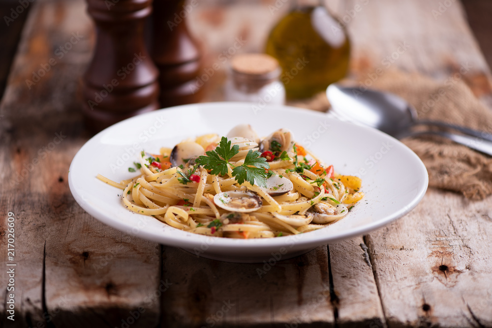 Delicious linguine pasta in a clams sauce Delicious linguine pasta in a clams sauce