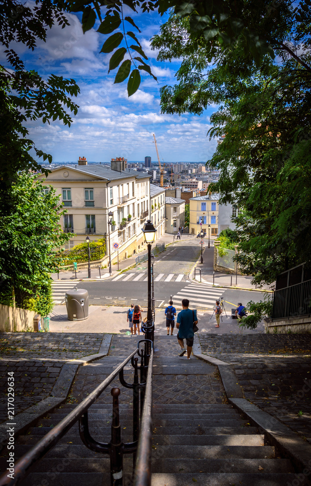 Naklejka premium Tourist walking down stairs Paris, France amid traffic and clouds and trees