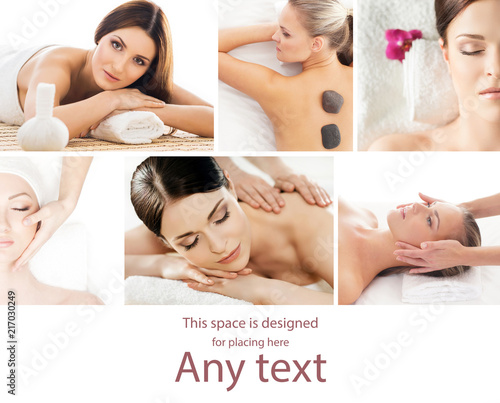 Collage with young and healthy woman relaxing in spa salon. Girl getting traditional oriental aroma therapy and massaging treatments.