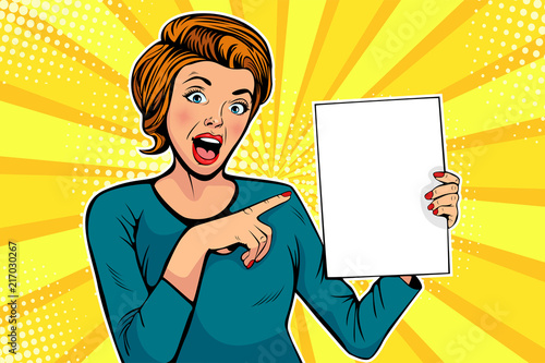 Cartoon woman points to a blank template. Vector illustration in pop art retro comic style. Advertising poster, flyer for sale, special offer, hot news.