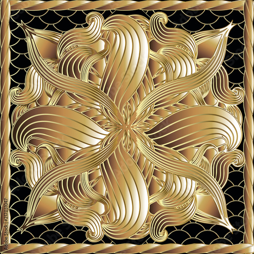 Floral vector gold 3d panel pattern. 