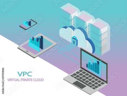 VPC virtual private cloud data storage vector. Isometric it business concept.