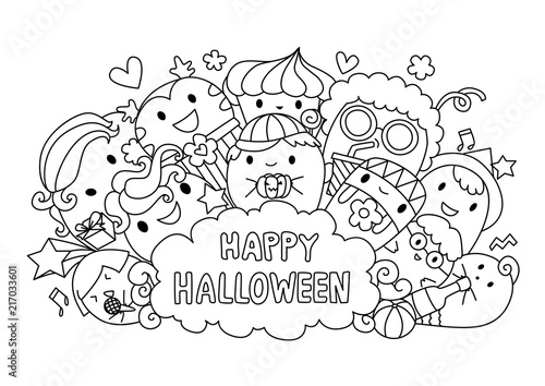 Cute monsters in Halloween party with the lettering Happy Halloween. Vector illustration