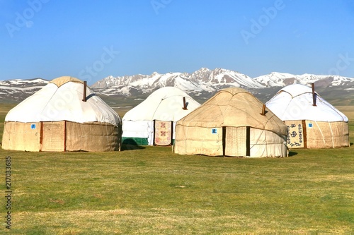 The ger camp in a large meadow at Song kul lake , Naryn of Kyrgyzstan