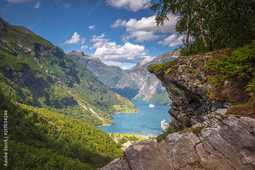 Geiranger - July 30, 2018: Flydalsjuvet viewpoint at the stunning UNESCO Geiranger fjord, Norway