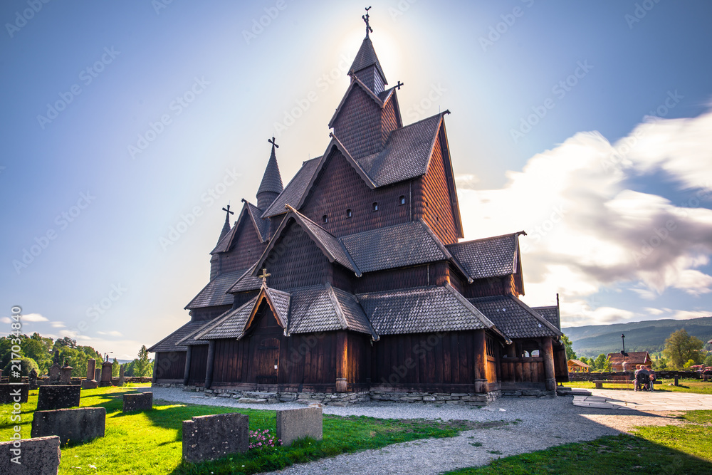 Heddal - August 01, 2018: Medieval Heddal stave church, the largest of the remaining stave churches in Telemark, Norway Heddal - August 01, 2018: Medieval Heddal stave church, the largest of the remaining stave churches in Telemark, Norway