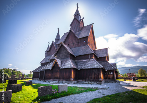 Heddal - August 01, 2018: Medieval Heddal stave church, the largest of the remaining stave churches in Telemark, Norway