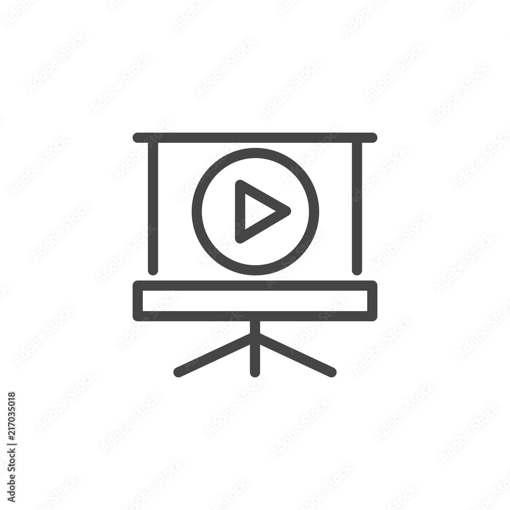 Projector screen and play button line icon. Online blog, flogging, stream, video chat concept graphic logo. Web conference, webinar, seminar series of labels. Vector illustration isolated Projector screen and play button line icon. Online blog, flogging, stream, video chat concept graphic logo. Web conference, webinar, seminar series of labels. Vector illustration isolated