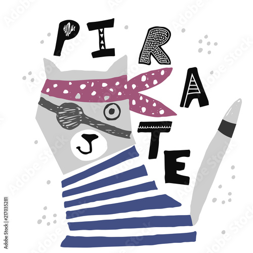Hand drawn cat pirate. Kids illustration.