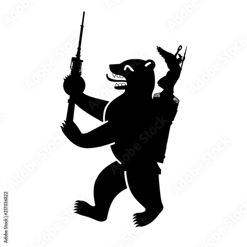 Berlin Bear Holding The TV Tower And Wearing The Victory Column As A Backpack, Black And White Illustration