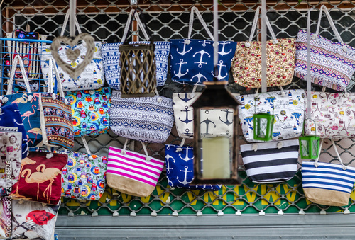 The exhibited colorful bags for the beach 