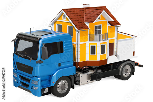 Household moving services concept. Truck with house, 3D rendering