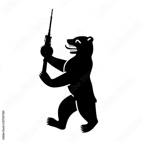 Berlin Bear Holding The TV Tower, Black And White Illustration