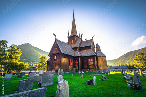 Lom - July 29, 2018: The Stave Church of Lom, Norway