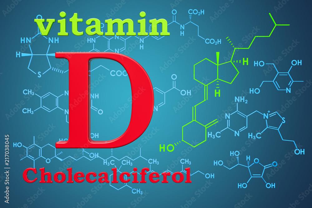 Vitamin D, cholecalciferol. Chemical formula, molecular structure. 3D