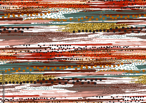 Vector seamless pattern with hand drawn gold glitter textured brush strokes and stripes hand painted.