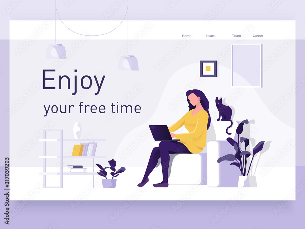 A girl sitting on the sofa works on the laptop. Vector flat illustration. Landing page template, cartoon style - obrazy, fototapety, plakaty 